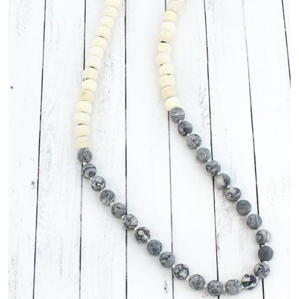 Frosted Marble Gray Wood Bead Necklace
